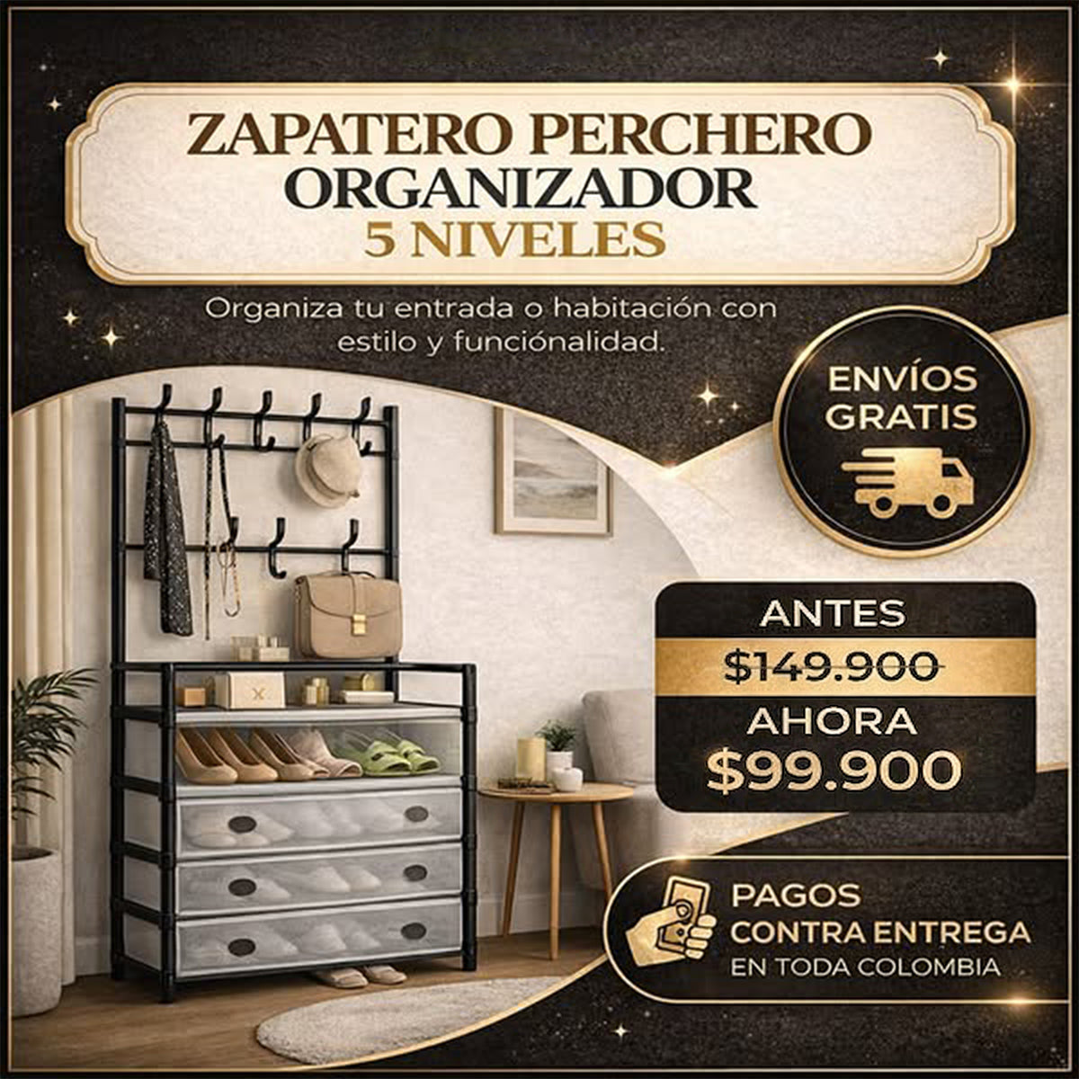 Zapatero 5 Niveles con Perchero - Antipolvo + Envío Gratis
