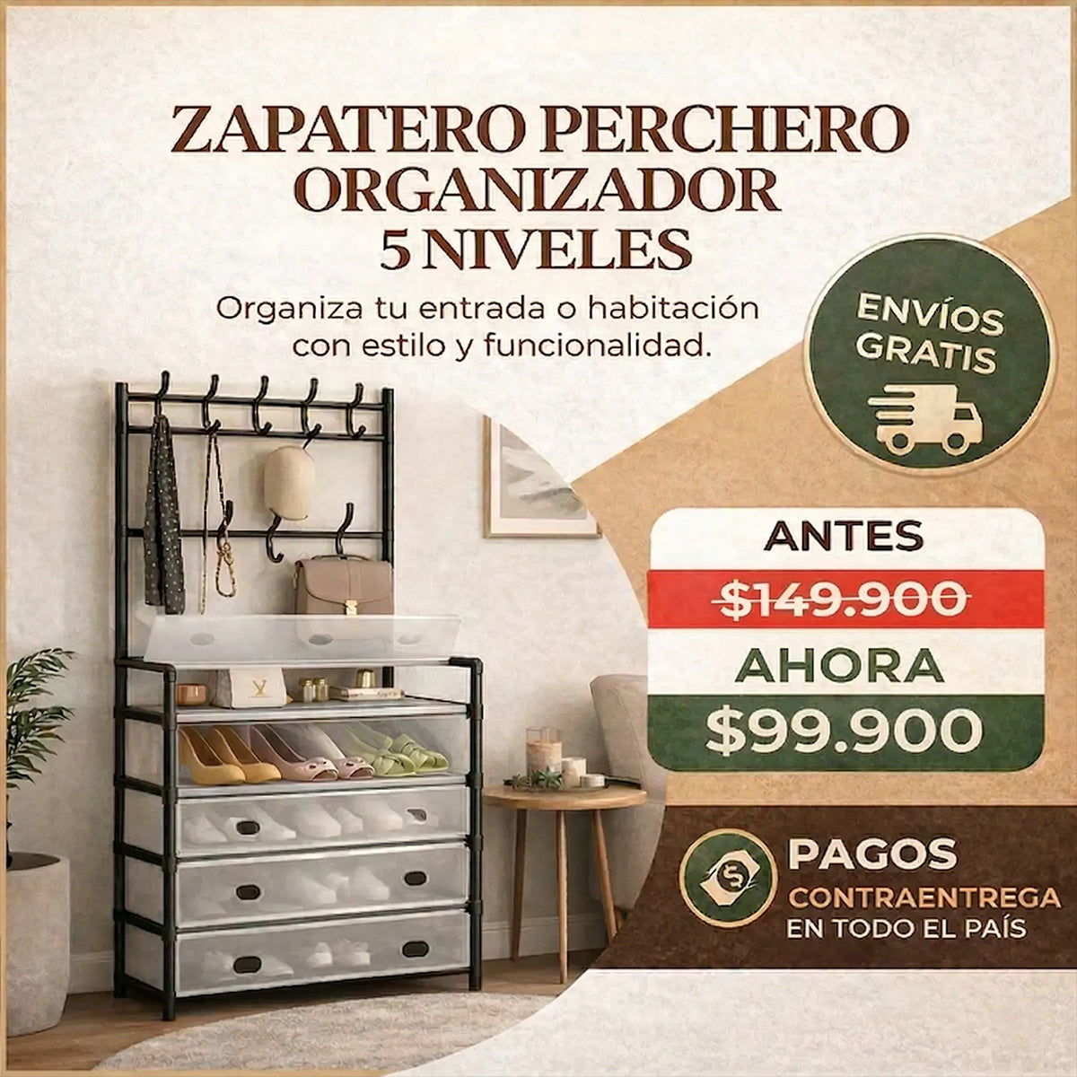 Zapatero 5 Niveles con Perchero - Antipolvo + Envío Gratis