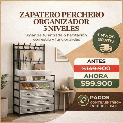 Zapatero 5 Niveles con Perchero - Antipolvo + Envío Gratis